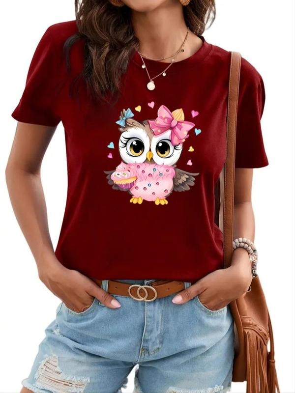 Women's Cartoon Owl Print Round Neck Tee, Fashion Casual Crew Neck T-Shirt for Daily Holiday Vacation Outdoor Wear,...