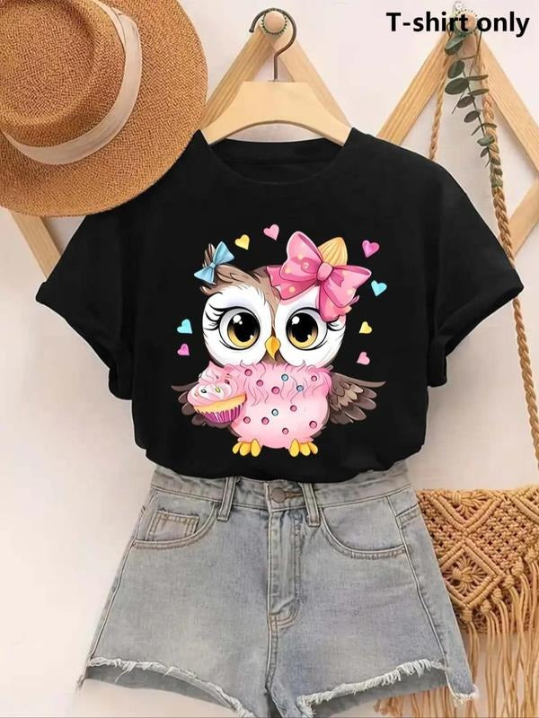 Women's Cartoon Owl Print Round Neck Tee, Fashion Casual Short Sleeve T-shirt, Ladies Summer Clothes for Daily Wear...
