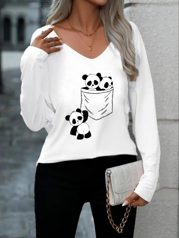 Women's Cartoon Panda Print  V Neck Tee, Casual Long Sleeve T-shirt for Fall & Winter, Fashion Ladies' Top for Daily Wear...