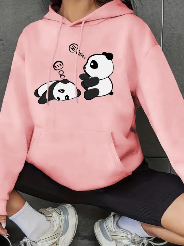 Women's Cartoon Panda Print Drop Shoulder Hoodie, Fashion Casual Drawstring Kangaroo Pocket Hooded Sweatshirt for Daily...