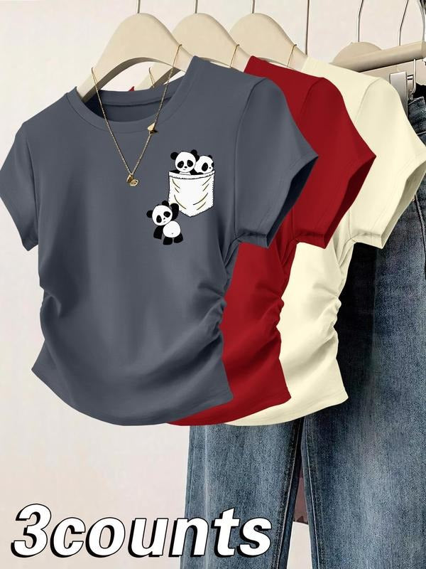 Cartoon Panda Print Round Neck Casual Short Sleeve Daily Clothes All Seasons Top T-Shirts, Hoodie, Sweatshirt
