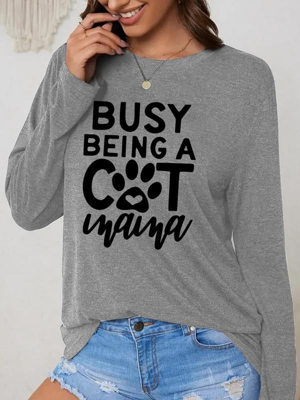 Women's Cartoon Paw & Letter Print Drop Shoulder Tee, Casual Long Sleeve Round Neck T-Shirt for All Seasons, Women's Top...