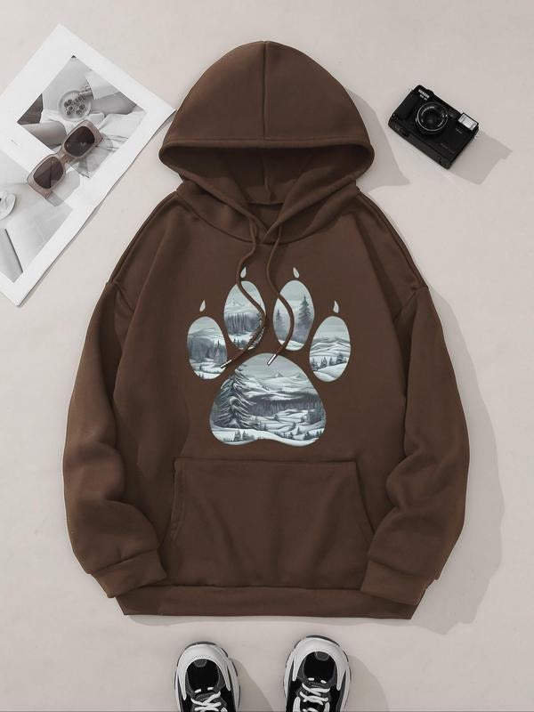 Women's Cartoon Paw Print Drop Shoulder Hoodie, Fashion Casual Drawstring Pocket Hooded Sweatshirt for Daily Holiday...