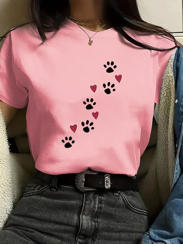 Women's Cartoon Paw Print Round Neck Tee, Casual Short Sleeve Crew Neck T-Shirt for Summer, Fashion Women's Top for Daily...