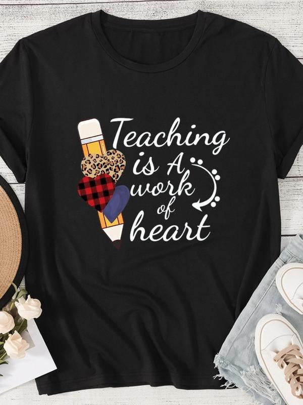 Women's Cartoon Pencil & Letter & Heart Print Round Neck Tee, Trendy Casual Short Sleeve T-Shirt for Daily Wear, Ladies...
