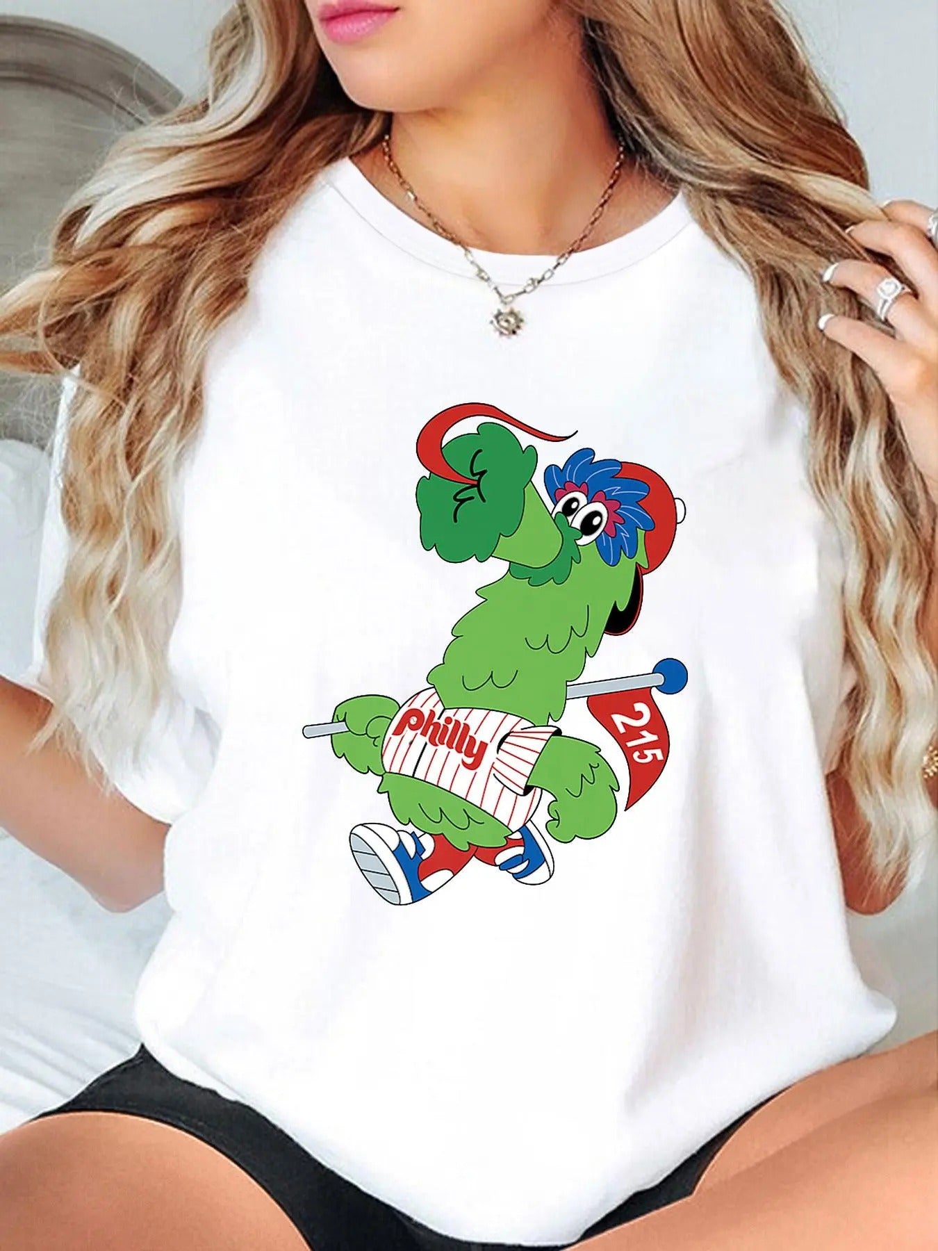Women's Cartoon Philly Print Round Neck Tee, Casual Short Sleeve T-shirt for Summer, Women's Top for Daily Wear Hoodie,...