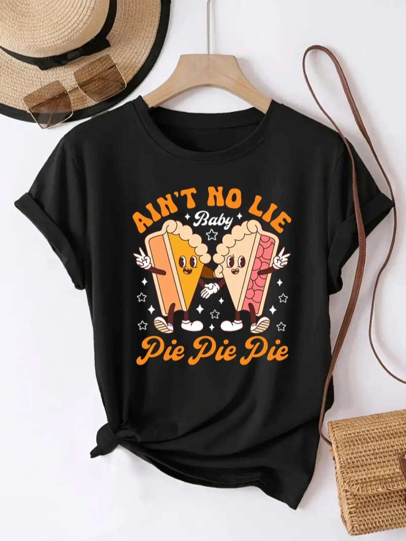 Women's Cartoon Pizza & Letter Print Round Neck  Tee, Fashion Casual Short Sleeve T-shirt for Daily Holiday Vacation...