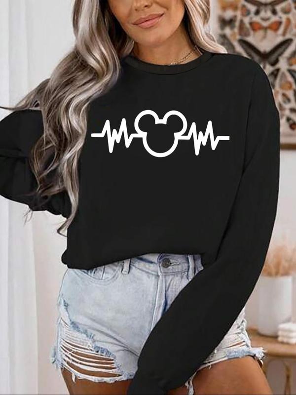 Women's Cartoon Print Crew Neck Sweatshirt, Casual Fashion Long Sleeve Pullover for Daily Wear, Ladies Fall & Winter...