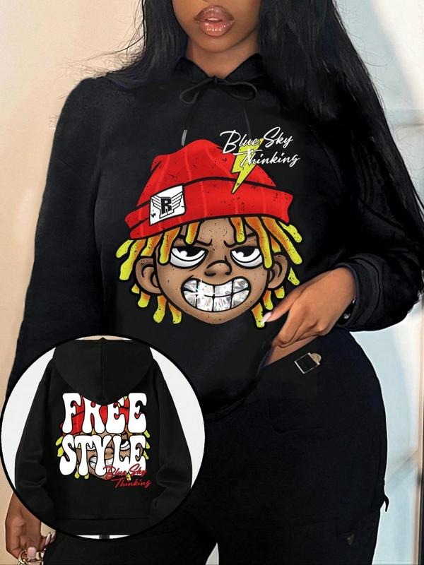 Women's Cartoon Print Drop Shoulder Drawstring Hoodie, Fashion Casual Hooded Sweatshirt for Daily Holiday Outdoor Wear,...
