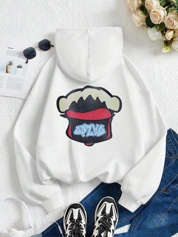 Women's Cartoon Print Drop Shoulder Hoodie, Fashion Casual Drawstring Kangaroo Pocket Hooded Sweatshirt for Daily Holiday...