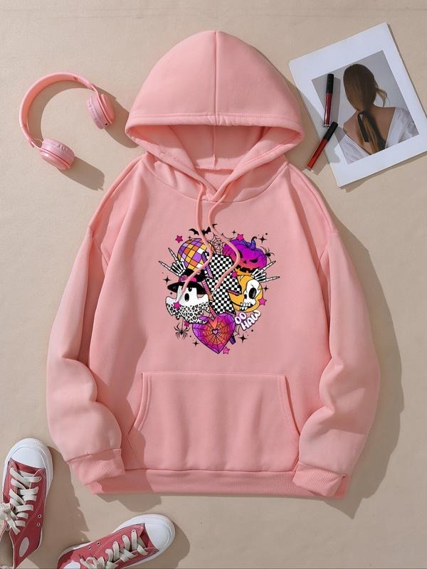 Women's Cartoon Print Drop Shoulder Hoodie, Fashion Casual Drawstring Pocket Hooded Sweatshirt for Daily Holiday Outdoor...