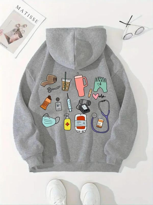 Women's Cartoon Print Drop Shoulder Hoodie, Fashion Casual Drawstring Pocket Hooded Sweatshirt for Daily Holiday Outdoor...