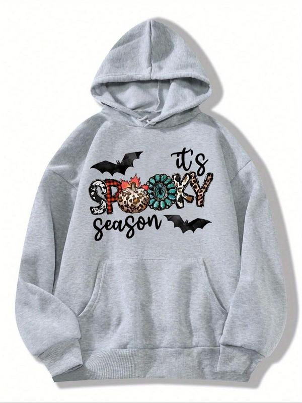 Women's Cartoon Print Drop Shoulder Hoodie, Fashion Casual Drawstring Pocket Hooded Sweatshirt for Halloween Daily...