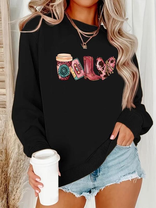 Women's Cartoon Print Drop Shoulder Sweatshirt, Casual Long Sleeve Round Neck Pullover for Fall & Winter, Ladies Clothes...