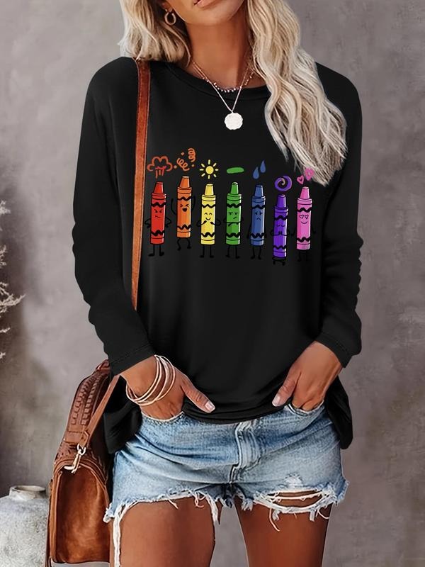 Cartoon Print Drop Shoulder Casual Long Sleeve Round Neck Top Daily All Seasons T-Shirts, Hoodie, Sweatshirt