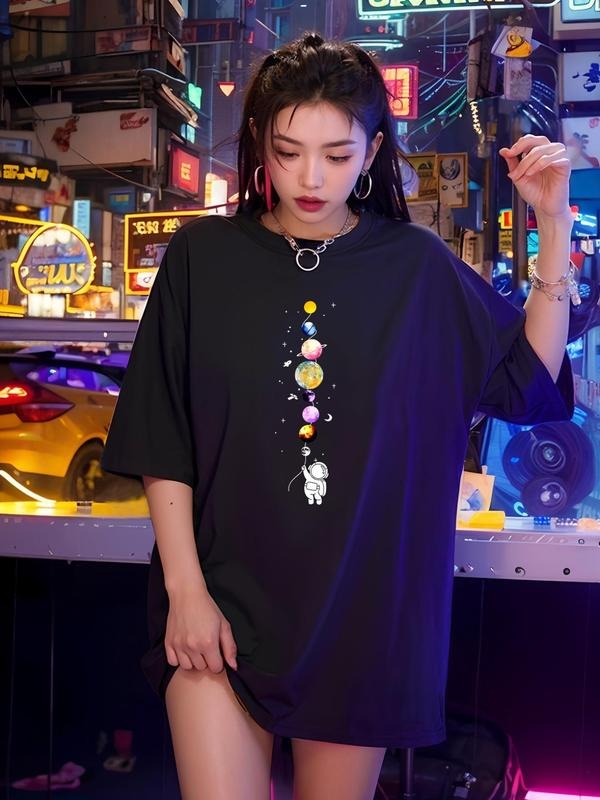 Women's Cartoon Print Drop Shoulder Tee, Summer Clothes Women, Casual Half Sleeve Round Neck T-shirt for Summer, Women's...