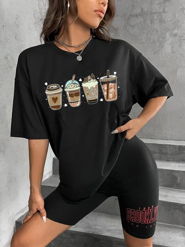 Women's Cartoon Print Round Neck Tee Without Necklace, Casual Comfy Short Sleeve T-shirt, Women's Summer Clothes for...