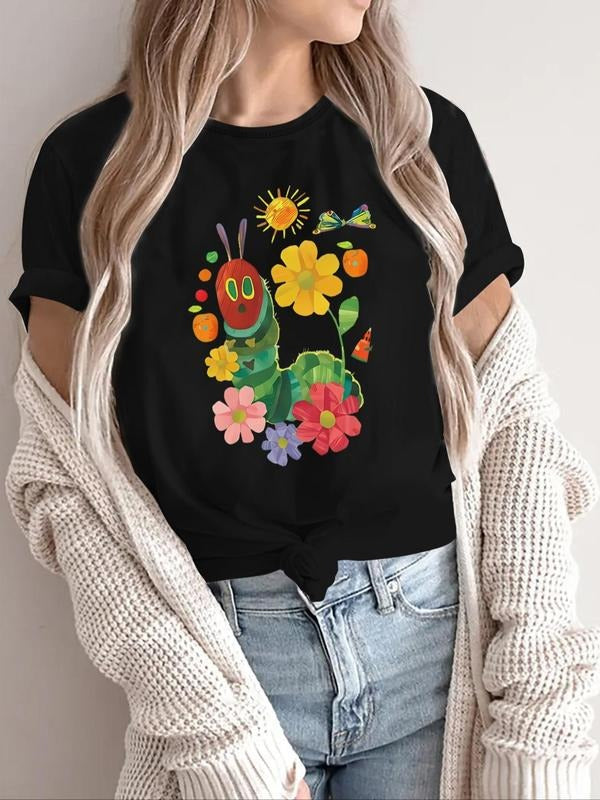 Women's Cartoon Print Round Neck Tee, Casual Short Sleeve Crew Neck T-Shirt for Summer, Fashion Women's Top for Daily...