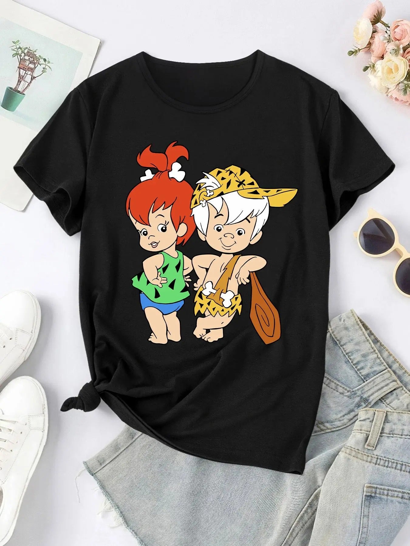 Women's Cartoon Print Round Neck Tee, Trendy Casual Short Sleeve T-shirt for Daily Wear, Ladies Summer Outfit Hoodie,...