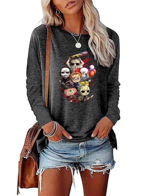 Women's Cartoon Print Round Neck Vintage Graphic Tee, Trendy Casual Crew Neck Long Sleeve T-Shirt for Daily Holiday...