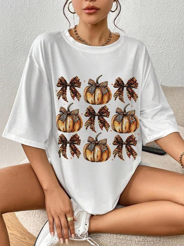 Women's Cartoon Pumpkin & Bow Print Drop Shoulder Tee, Casual Half Sleeve Round Neck T-shirt for Summer, Women's Top for...