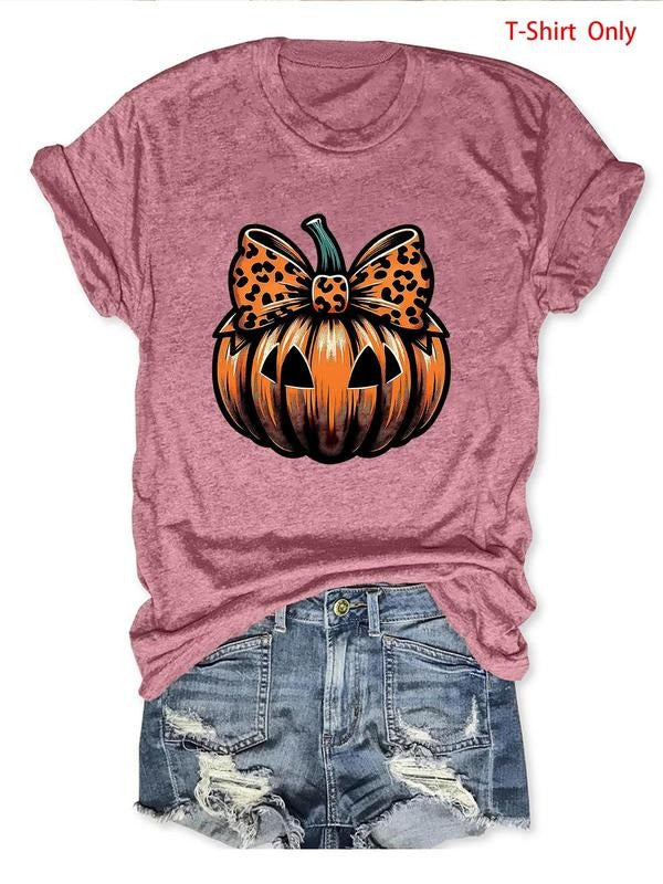 Women's Cartoon Pumpkin & Bow Print Round Neck Tee, Halloween Fashion Casual Crew Neck Short Sleeve T-Shirt for Daily...