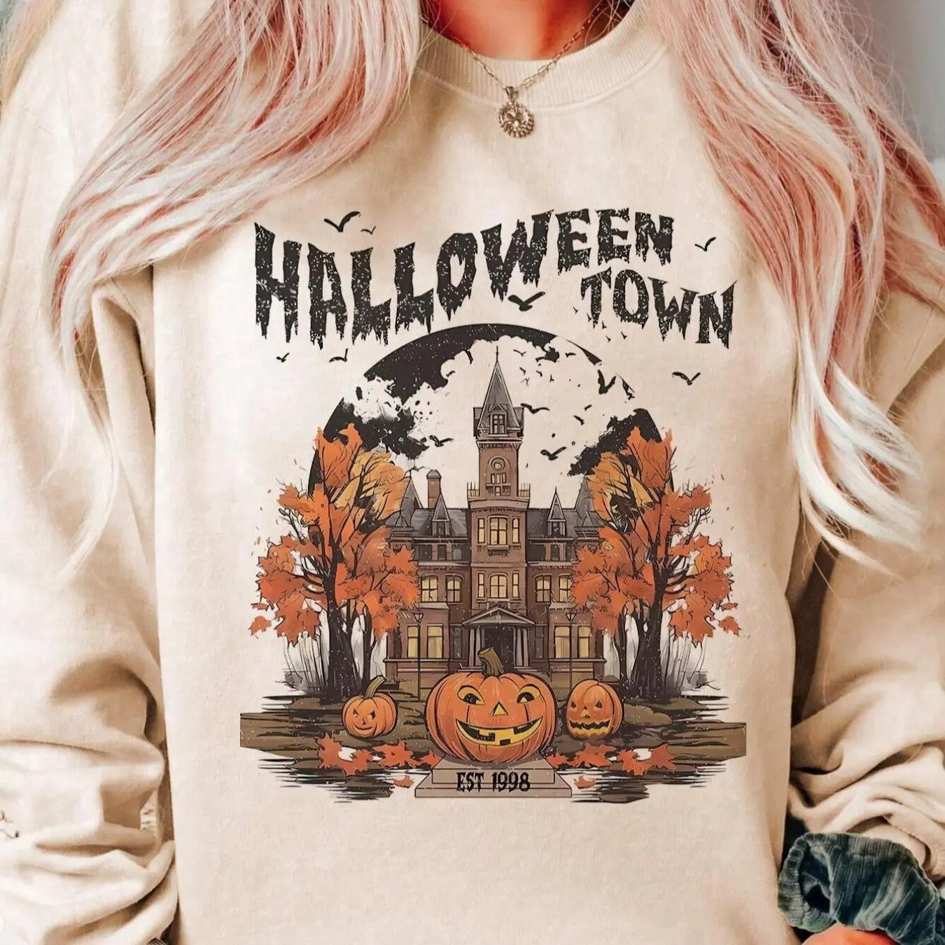 Women's Cartoon Pumpkin & Letter Print Crew Neck Sweatshirt, Casual Halloween Themed Drop Shoulder Long Sleeve Pullover,...