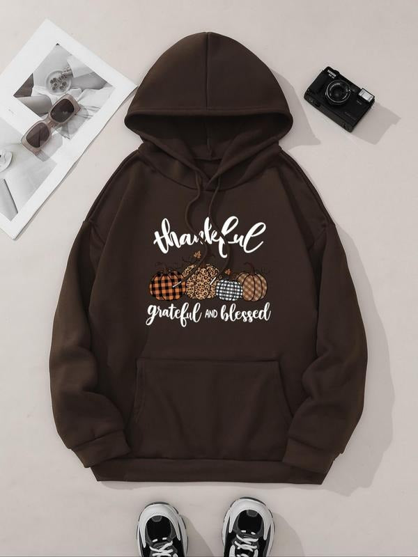 Women's Cartoon Pumpkin & Letter Print Drop Shoulder Hoodie, Casual Drawstring Pocket Hooded Sweatshirt for Daily Holiday...