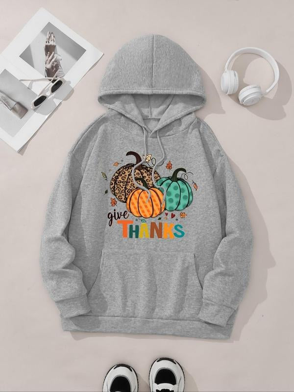 Women's Cartoon Pumpkin & Letter Print Drop Shoulder Hoodie, Fashion Casual Drawstring Pocket Hooded Sweatshirt for Daily...