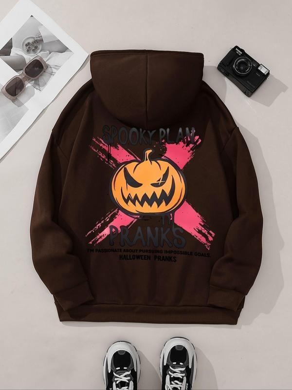 Women's Cartoon Pumpkin & Letter Print Drop Shoulder Hoodie, Fashion Casual Drawstring Pocket Hooded Sweatshirt for Daily...