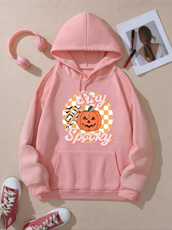 Women's Cartoon Pumpkin Graphic Print Drawstring Pocket Hoodie, Casual Drop Shoulder Long Sleeve Hooded Sweatshirt, Lady...