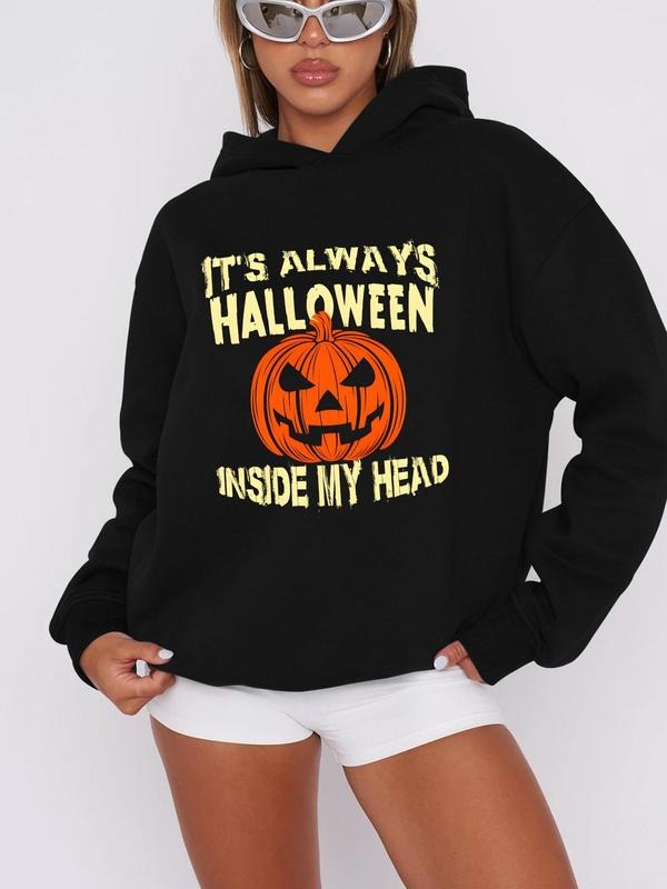 Women's Cartoon Pumpkin Graphic Print Hoodie, Casual Drop Shoulder Long Sleeve Hooded Sweatshirt, Lady Fall & Winter...