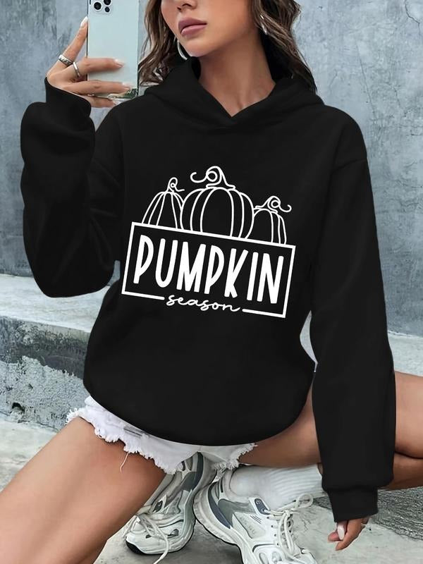 Women's Cartoon Pumpkin Graphic Print Hoodie, Casual Drop Shoulder Long Sleeve Hooded Sweatshirt, Lady Fall & Winter...