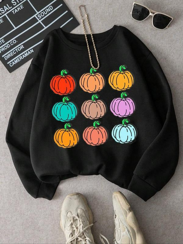 Women's Cartoon Pumpkin Print Round Neck Sweatshirt, Casual Long Sleeve Pullover, Women's Fall & Winter Clothes for Daily...