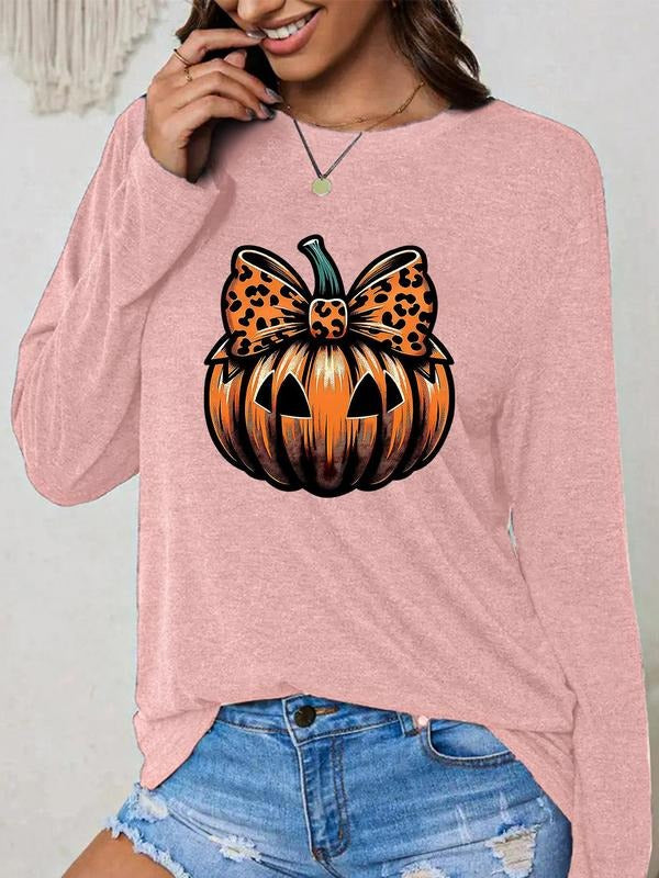 Women's Cartoon Pumpkin Print Round Neck T-shirt, Fashion Casual Long Sleeve Tee, Women's Top for Daily Wear style 02...
