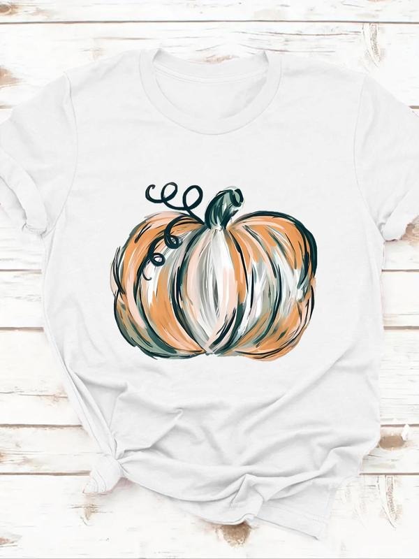 Women's Cartoon Pumpkin Print Round Neck Tee, Casual Short Sleeve Crew Neck T-Shirt for Summer, Fashion Women's Top for...