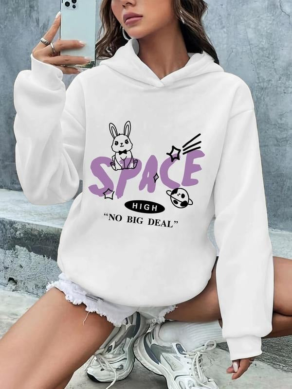 Women's Cartoon Rabbit & Letter Print  Hoodie, Fashion Drop Shoulder Sweatshirt for Daily Holiday Outdoor Wear, Ladies...