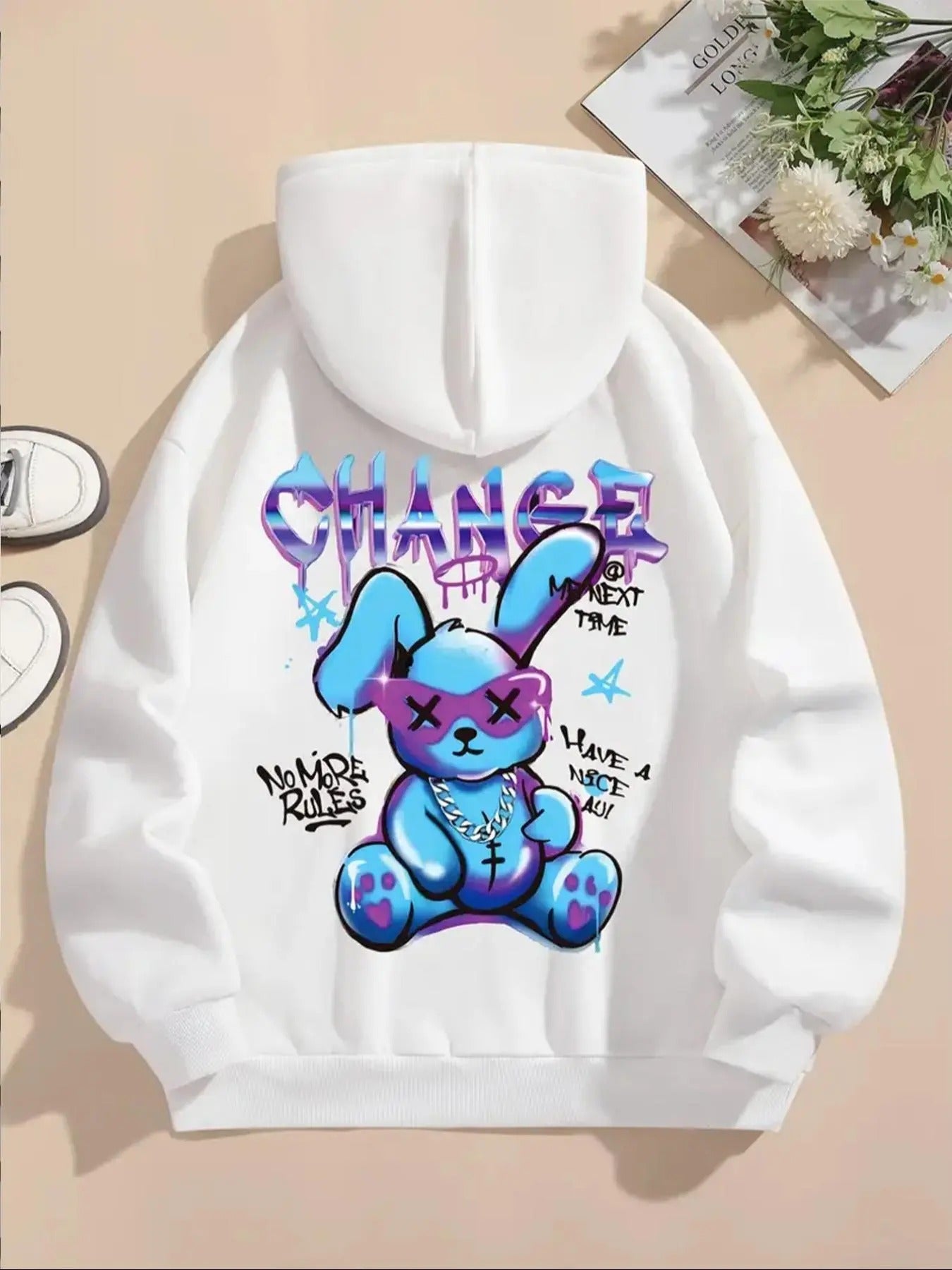 Women's Cartoon Rabbit & Letter Print Drawstring Pocket Hoodie, Fashion Casual Hooded Sweatshirt for Daily Holiday...