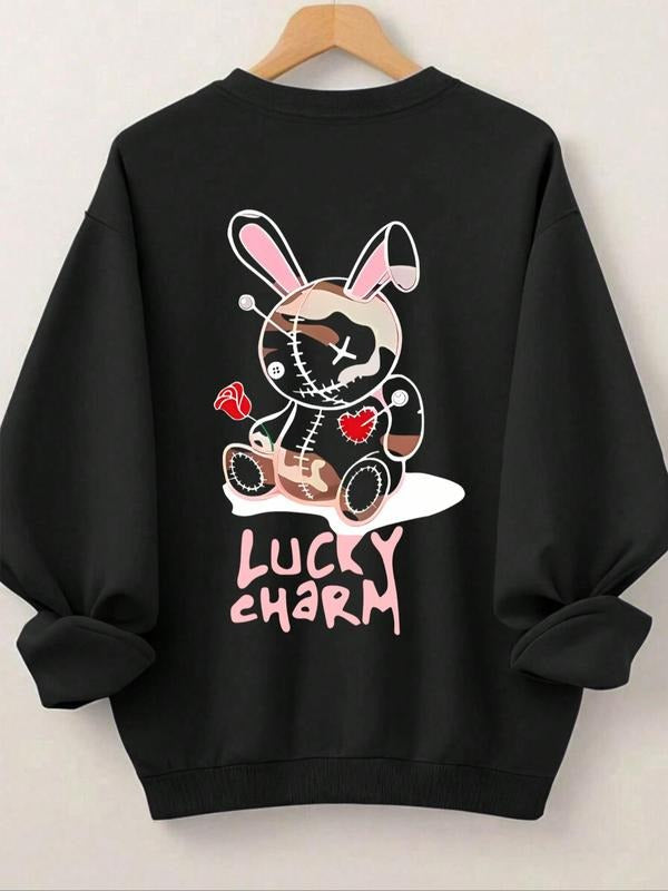 Women's Cartoon Rabbit & Letter Print Drop Shoulder Sweatshirt, Casual Long Sleeve Round Neck Pullover for Spring & Fall,...
