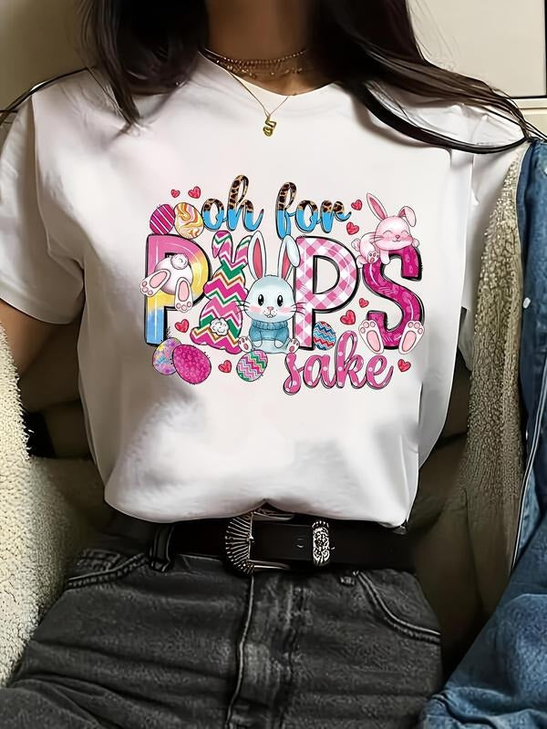 Women's Cartoon Rabbit & Letter Print Round Neck Tee, Casual Short Sleeve T-shirt for Daily Wear, Ladies All Seasons...