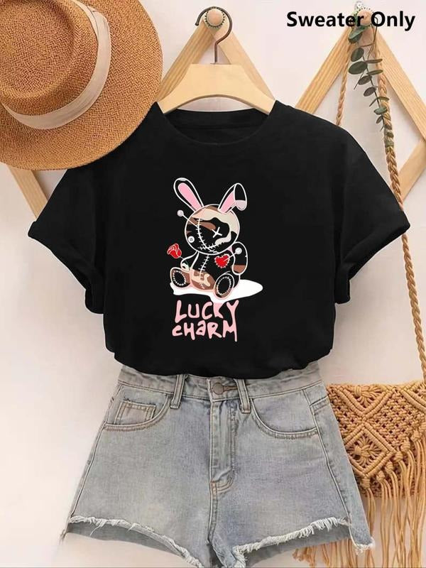Women's Cartoon Rabbit & Letter Print Round Neck Tee, Cute Graphic Short Sleeve T-Shirt for Summer, Women's Top for Daily...