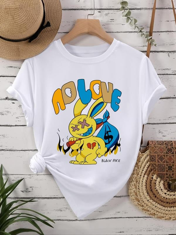 Women's Cartoon Rabbit & Letter Print Round Neck Tee, Fashion Casual Crew Neck T-Shirt for Daily Holiday Vacation Outdoor...