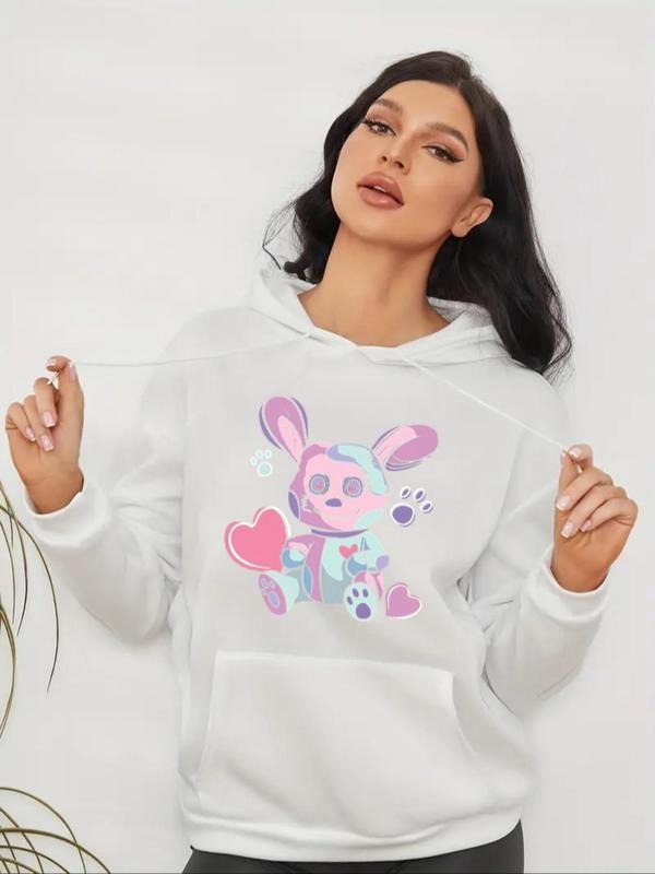 Women's Cartoon Rabbit Print Drop Shoulder Hoodie, Fashion Casual Drawstring Pocket Hooded Sweatshirt for Daily Holiday...