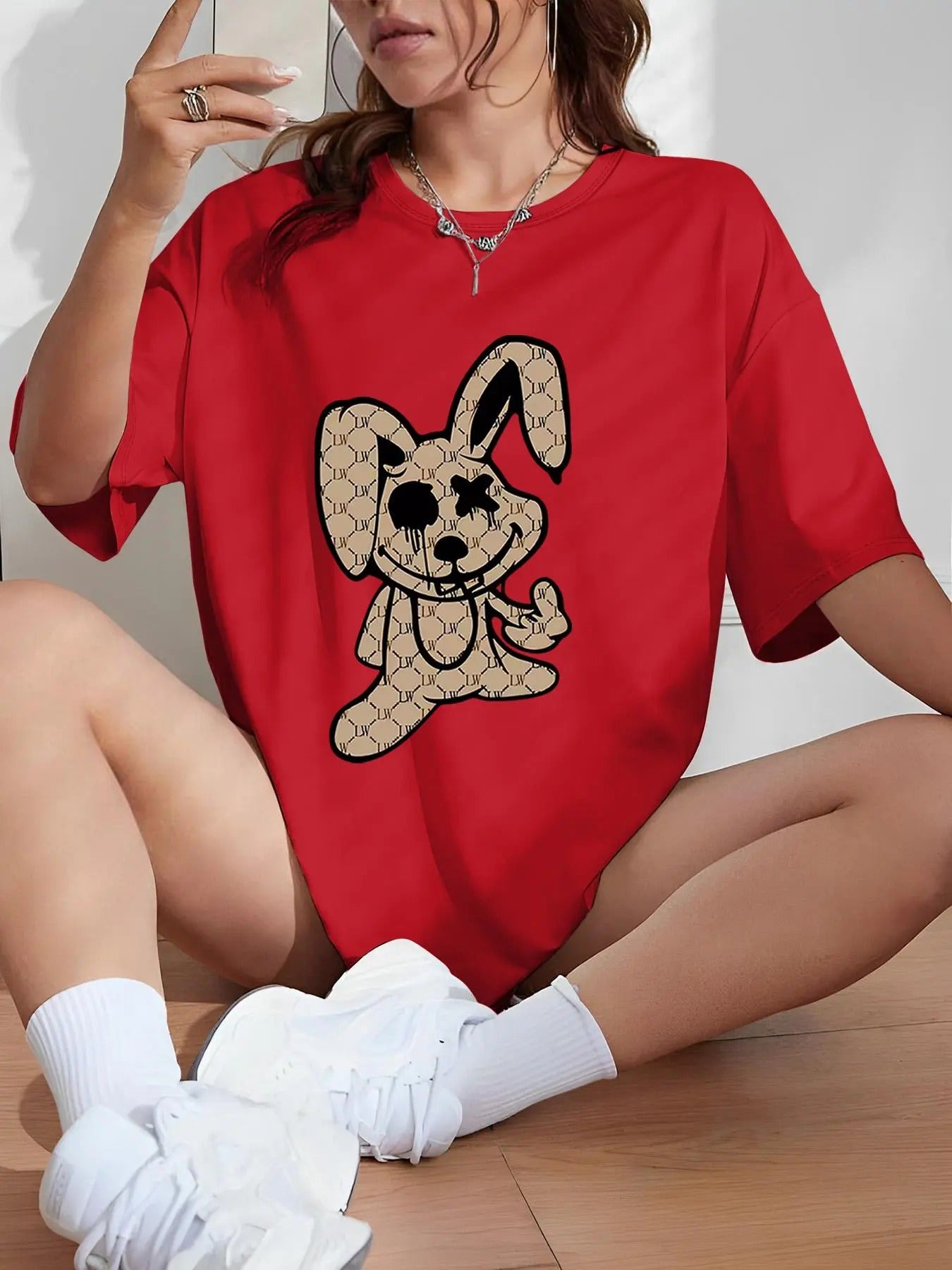 Women's Cartoon Rabbit Print Drop Shoulder Tee, Casual Comfy Half Sleeve Round Neck T-shirt for Summer, Fashion Women's...