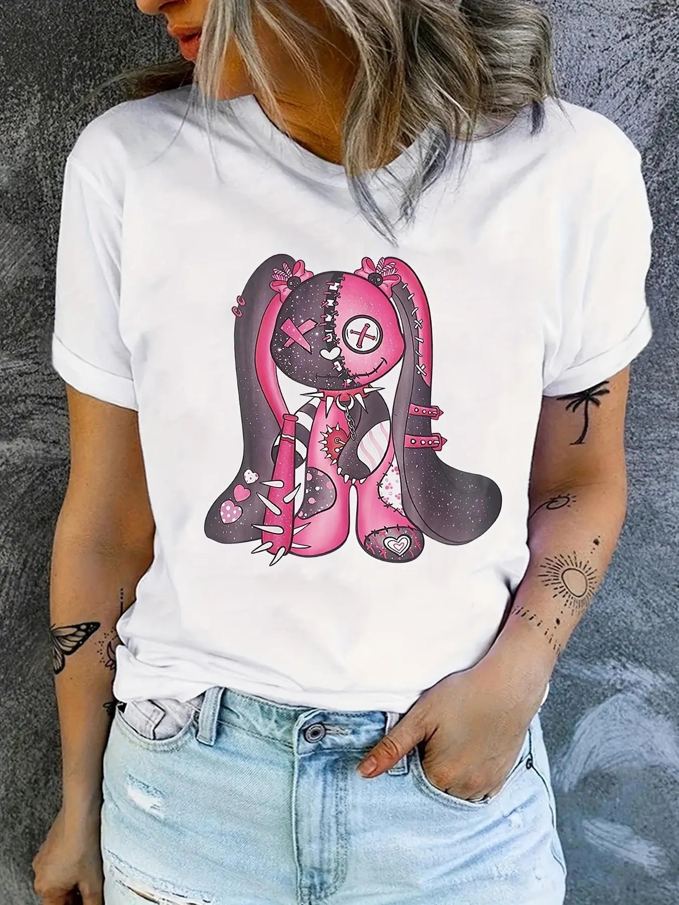 Women's Cartoon Rabbit Print Round Neck Tee, Casual Short Sleeve Crew Neck T-Shirt, Women's Top for Daily Wear Hoodie,...