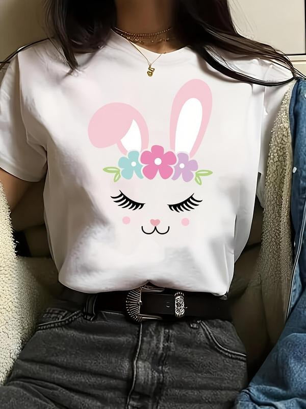 Women's Cartoon Rabbit Print Round Neck Tee, Cute Comfy Short Sleeve T-shirt for Daily Wear, Casual Top for All Seasons...