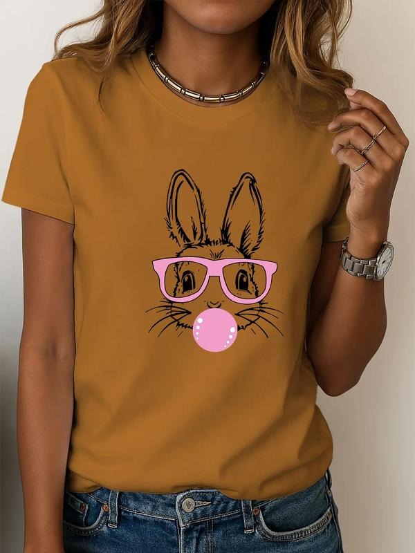 Women's Cartoon Rabbit Print Round Neck Tee, Fashion Casual Crew Neck T-Shirt for Daily Holiday Vacation Outdoor Wear,...