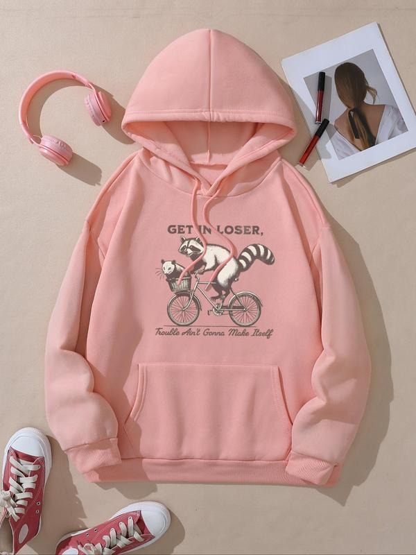 Women's Cartoon Raccoon & Bicycle Print Hoodie, Fashion Casual Hooded Sweatshirt for Daily Holiday Outdoor Wear, Women...