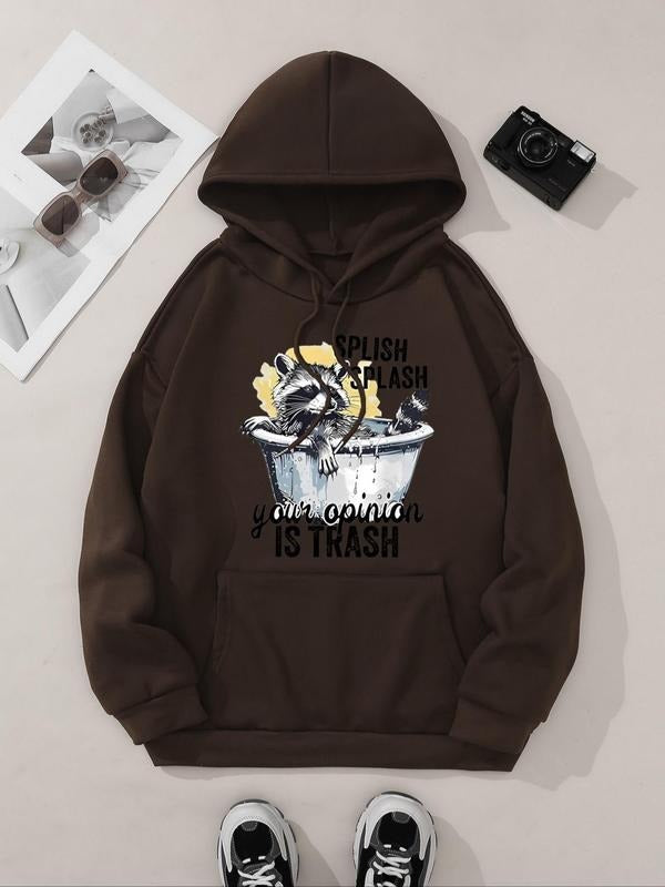 Women's Cartoon Raccoon & Letter Print Drop Shoulder Hoodie, Fashion Casual Drawstring Pocket Hooded Sweatshirt for Daily...