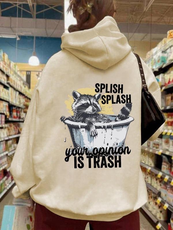 Women's Cartoon Raccoon & Letter Print Drop Shoulder Hoodie, Fashion Casual Drawstring Pocket Hooded Sweatshirt for Daily...
